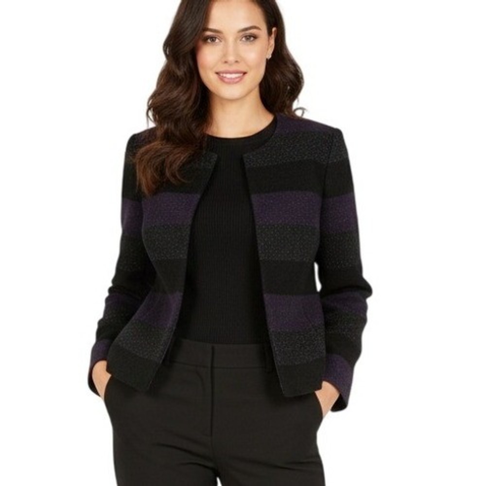 Tahari Arthur S Levine Petite Striped Collarless Jacket Blazer Black Purple 6P